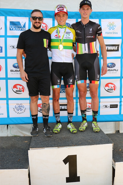 The 4SHAW Dyad and 4SHAW Boss Dion Shaw on the podium at the 2015 Australian Mountain Bike Championships